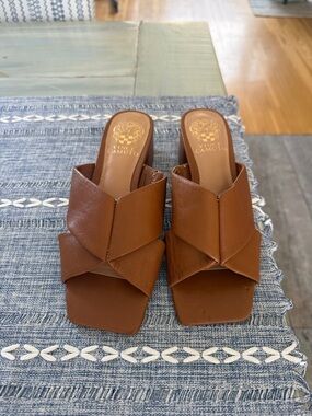 Vince Camuto Cognac Leather Woven Slide Mules